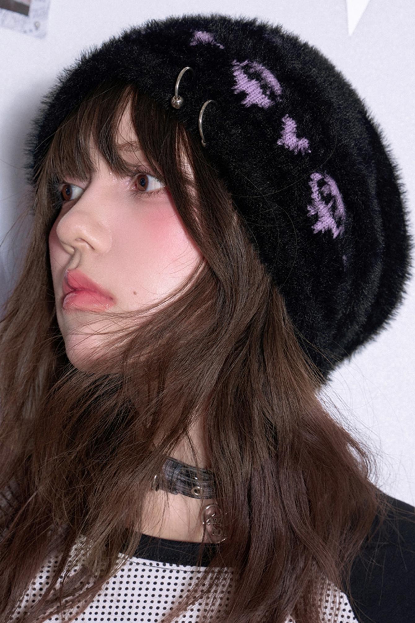 Purple Black Skull Knit Hat