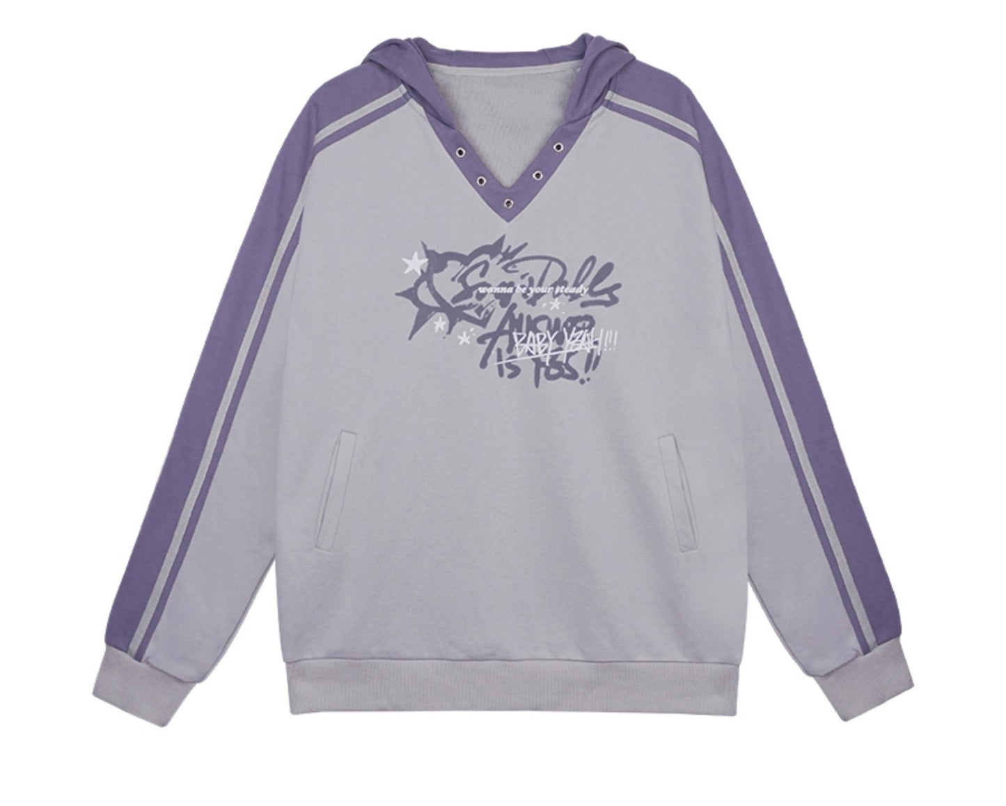 Gray Purple Hooded V-Neck Sweatshirt