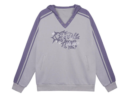 Gray Purple Hooded V-Neck Sweatshirt