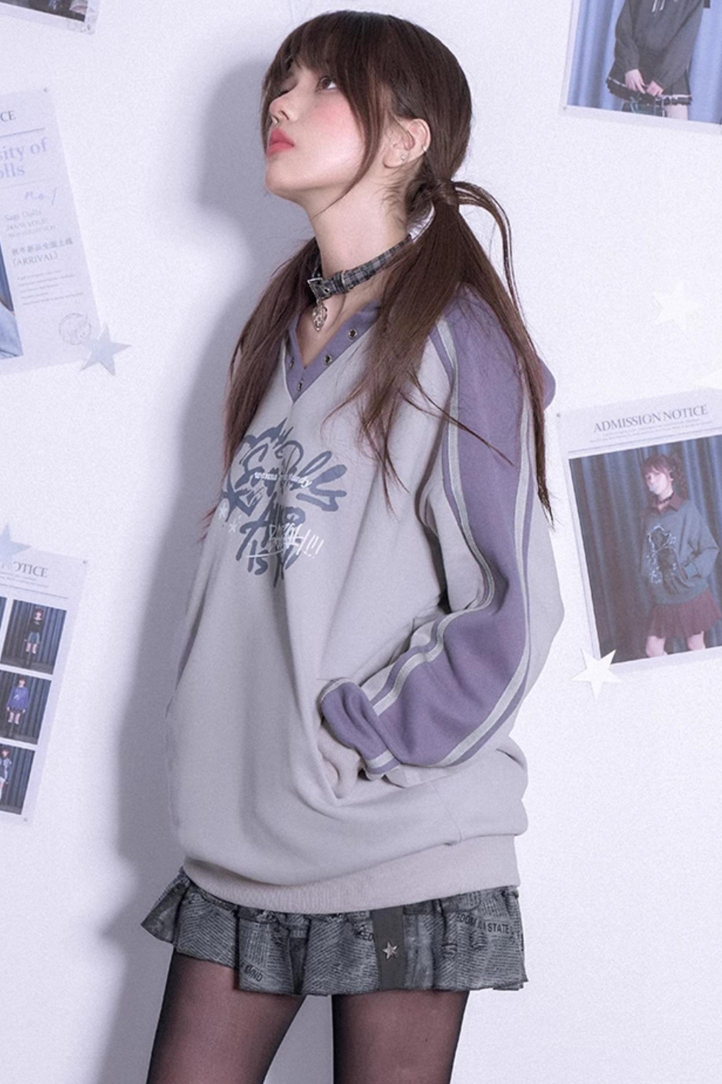 Gray Purple Hooded V-Neck Sweatshirt