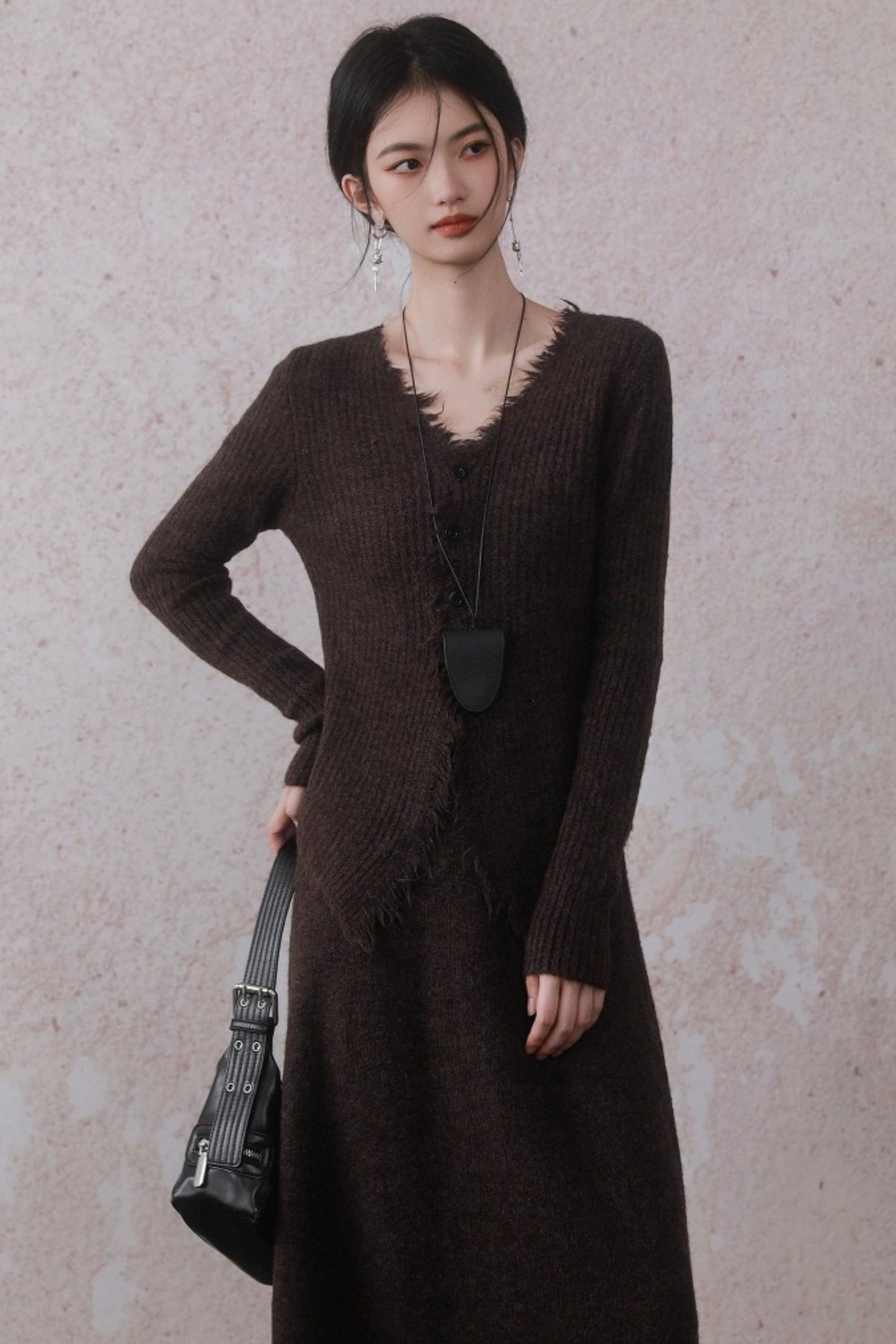 Brown Knitted Raw Skirt Set-Up