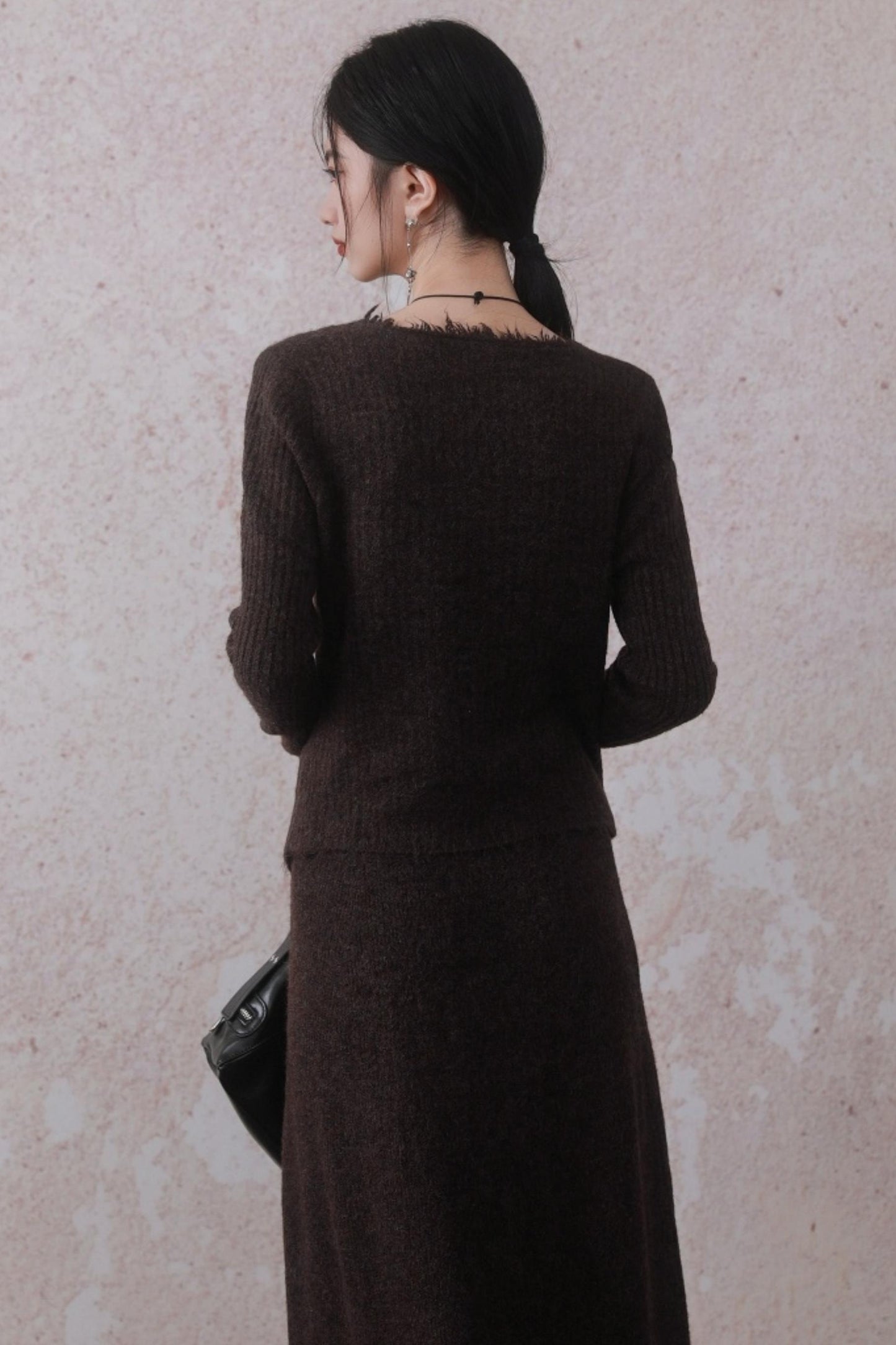 Brown Knitted Raw Skirt Set-Up