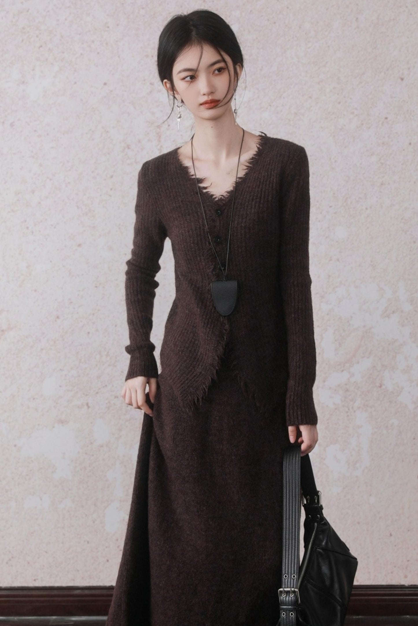 Brown Knitted Raw Skirt Set-Up