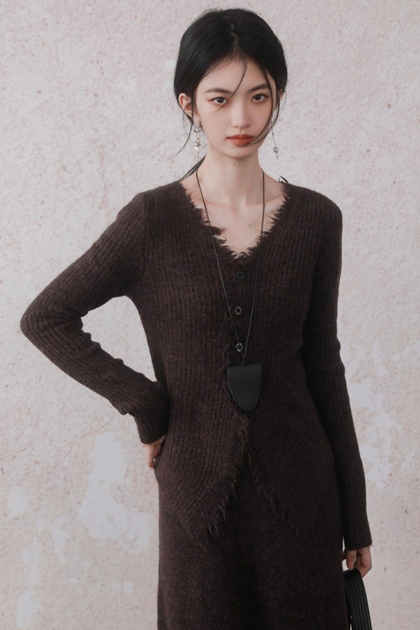 Brown Knitted Raw Skirt Set-Up