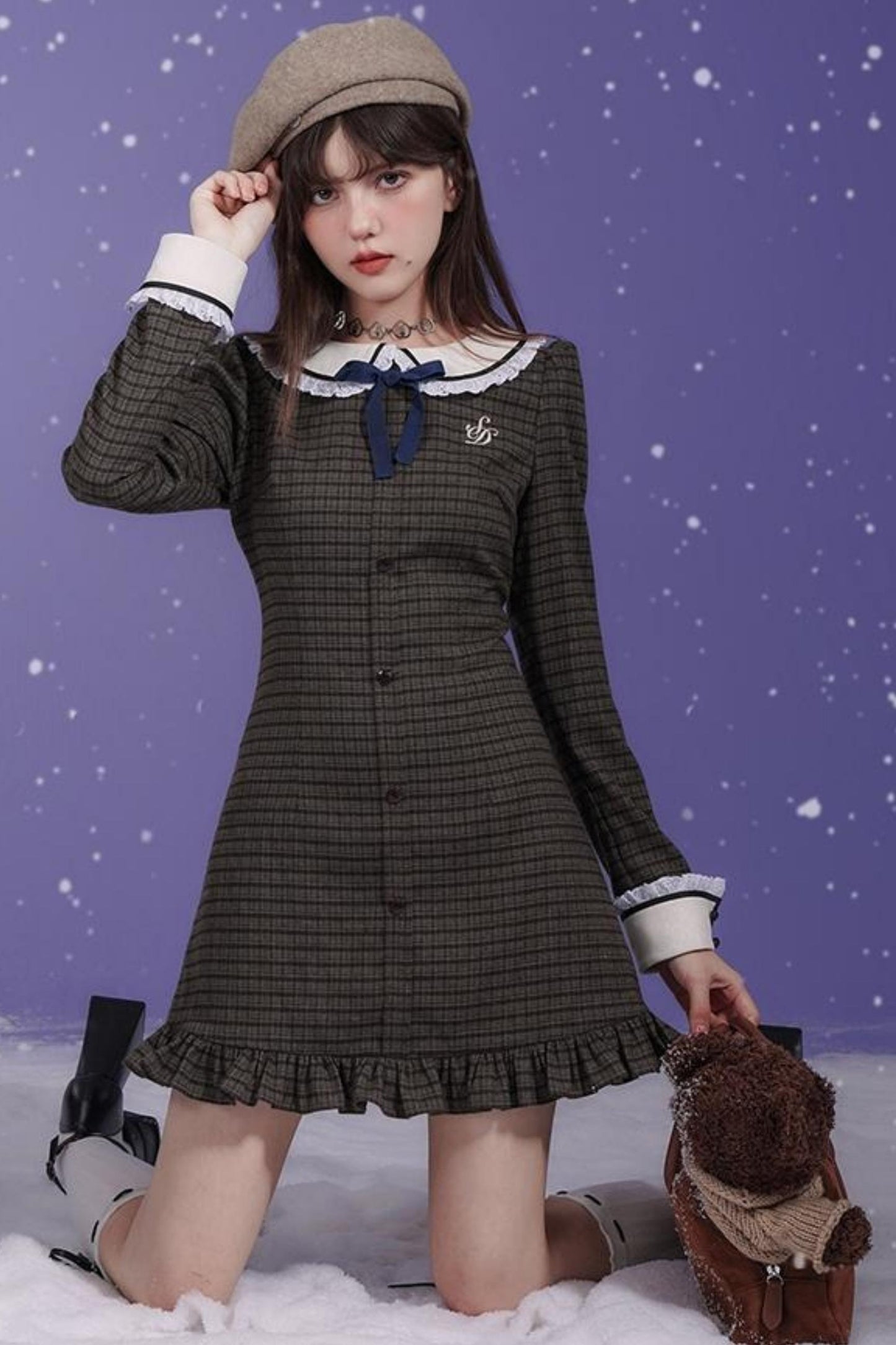 Brown Checkered Doll Collar Dress Set-Up