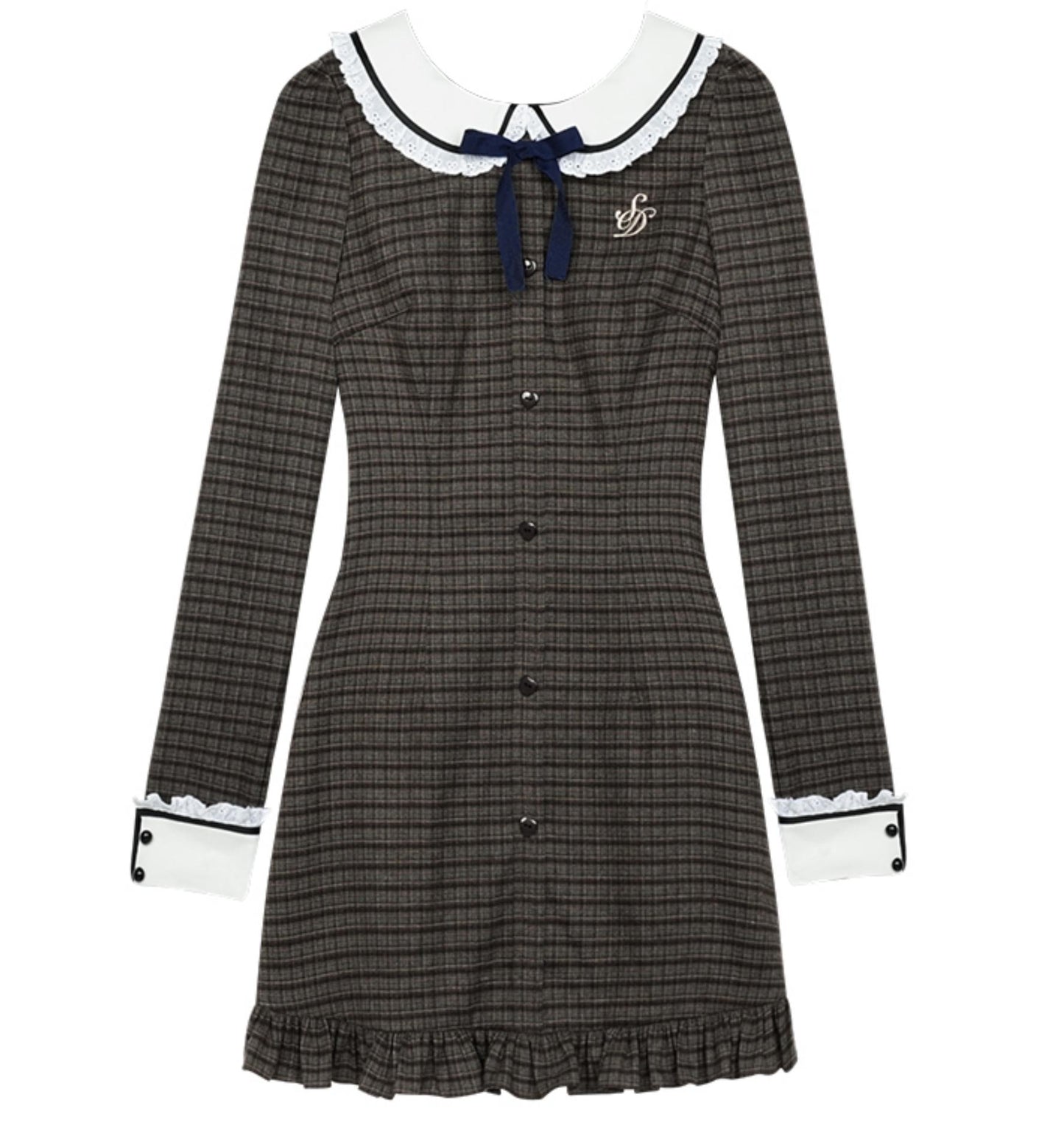 Brown Checkered Doll Collar Dress Set-Up