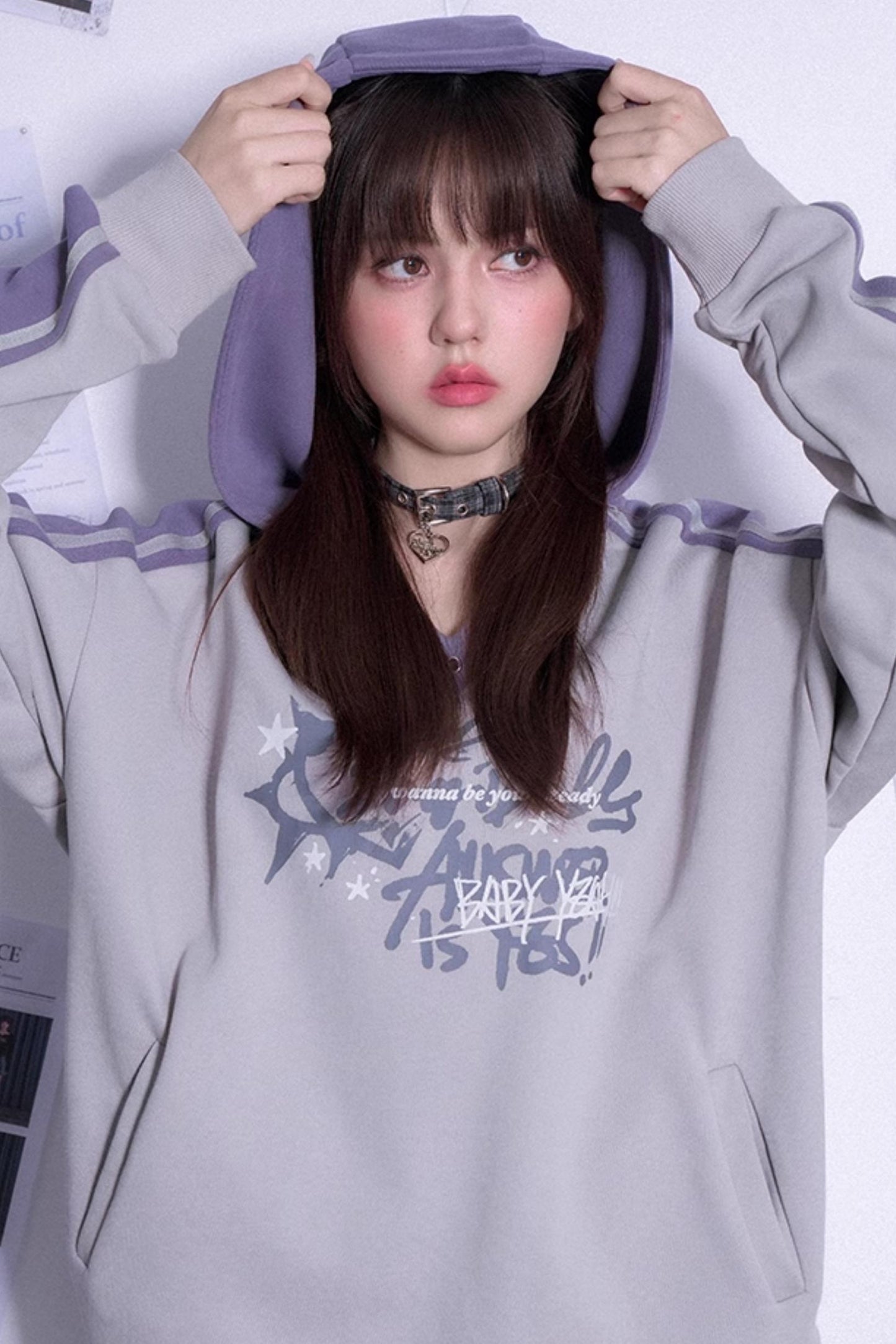 Gray Purple Hooded V-Neck Sweatshirt