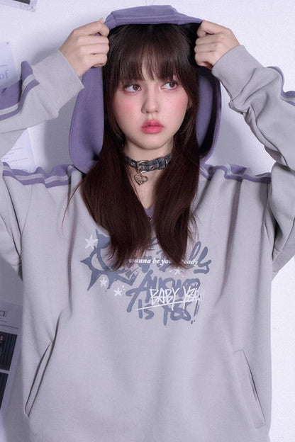 Gray Purple Hooded V-Neck Sweatshirt