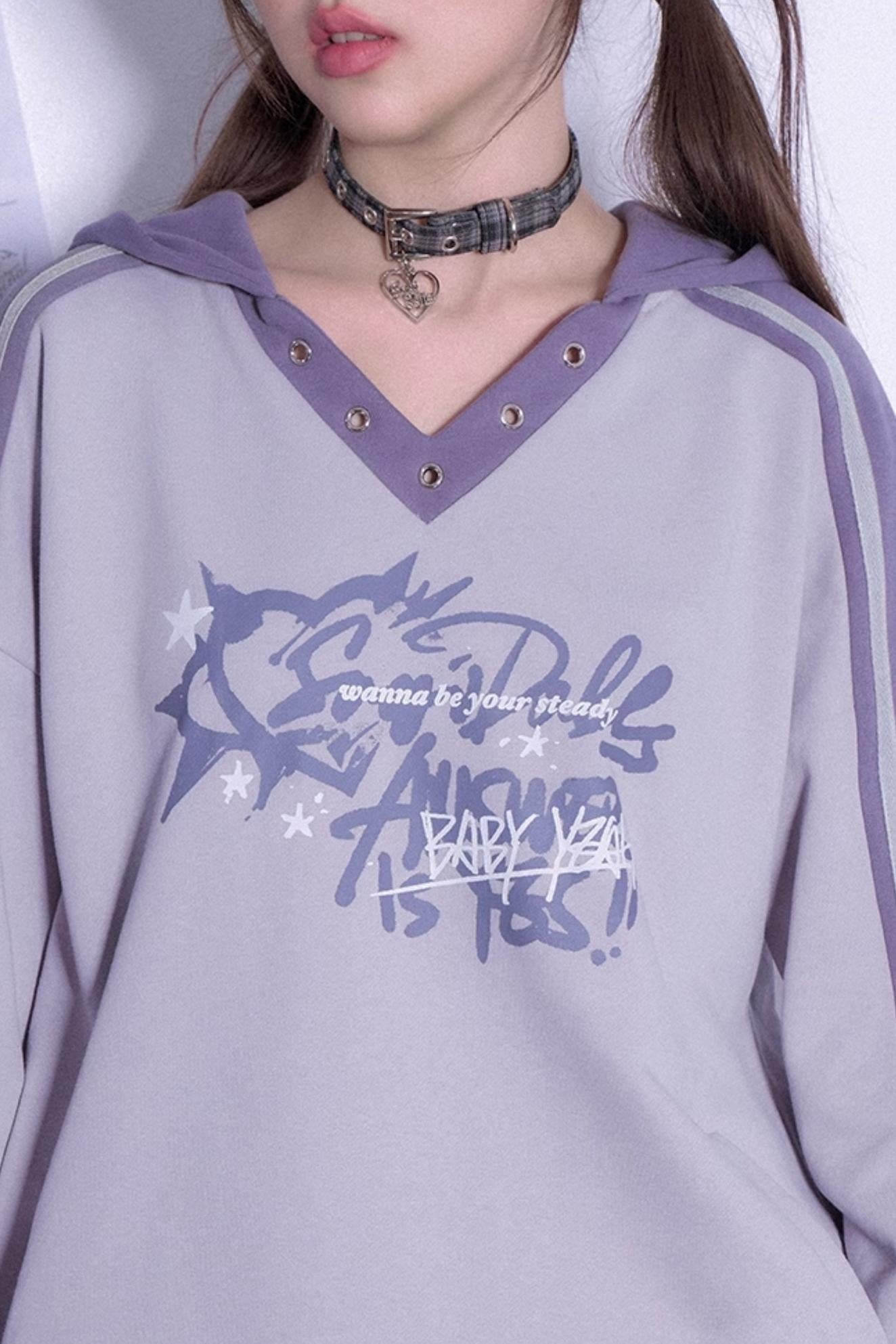 Gray Purple Hooded V-Neck Sweatshirt