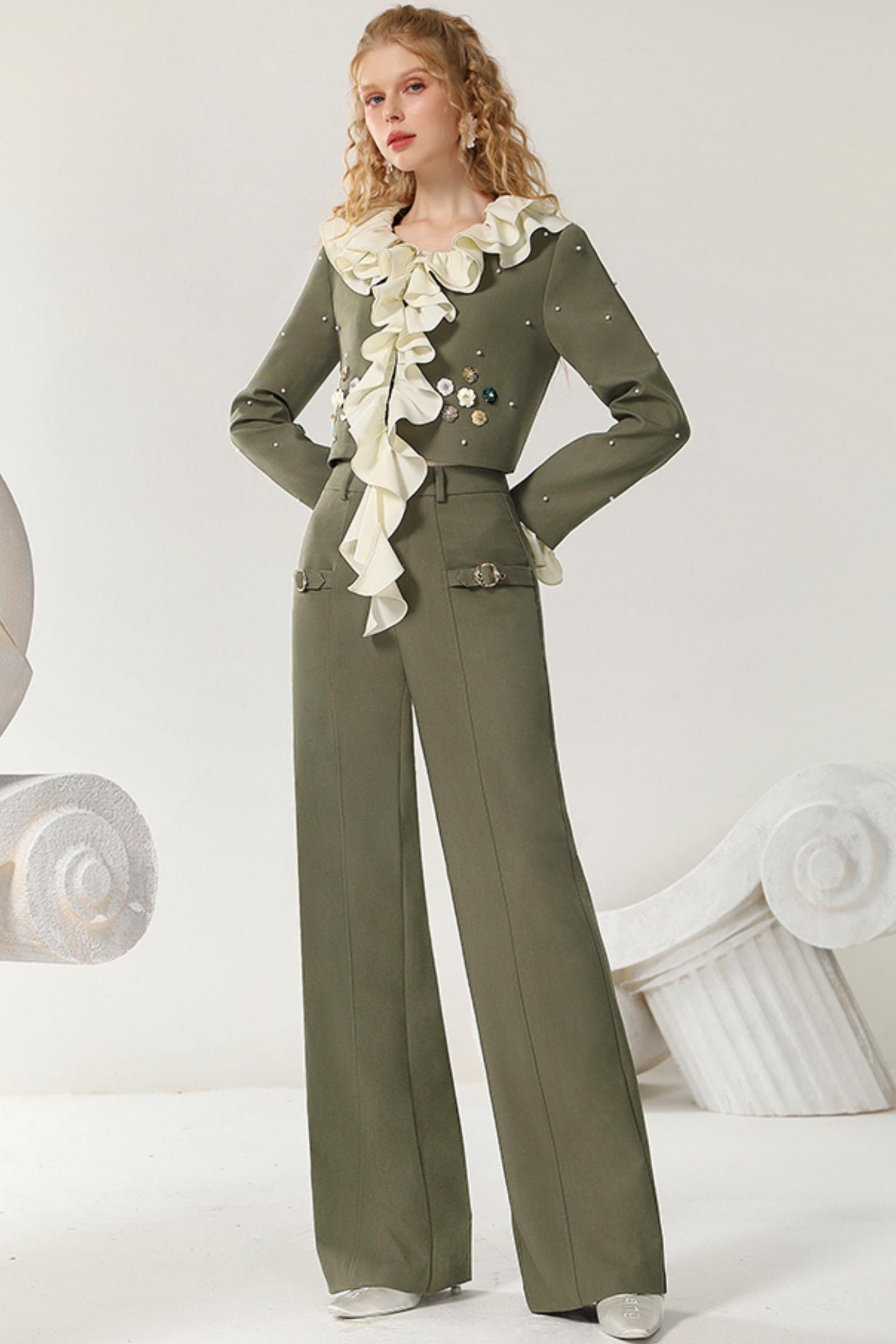 Army Green Wide-Leg Trousers