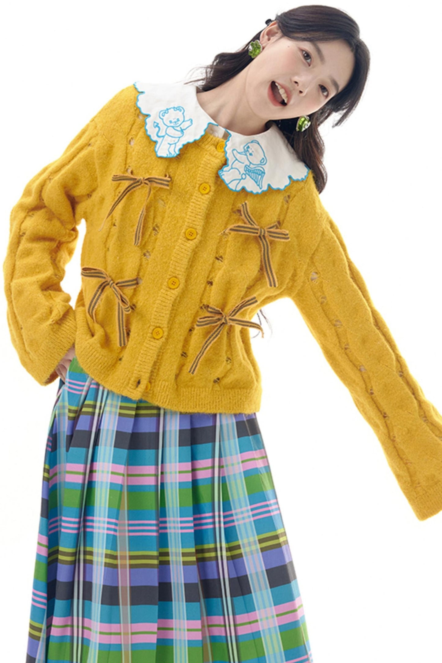 Yellow Blue Bow Plush Cardigan