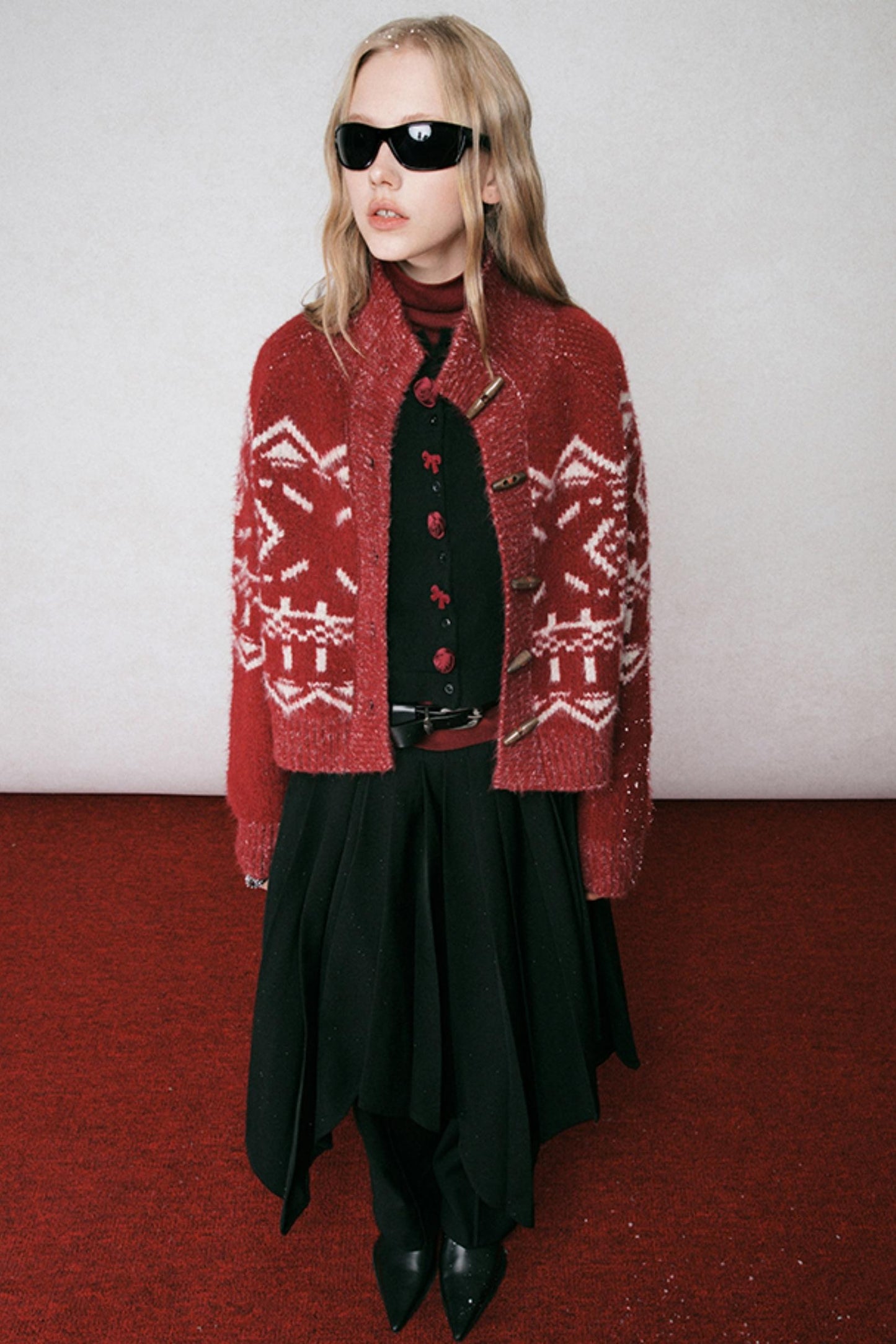 Red Turtleneck Jacquard Cardigan