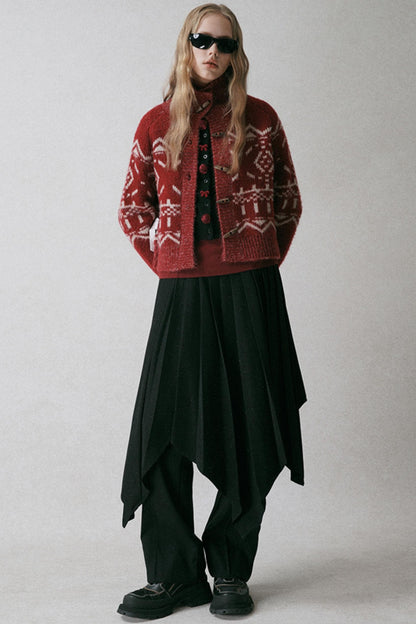 Red Turtleneck Jacquard Cardigan