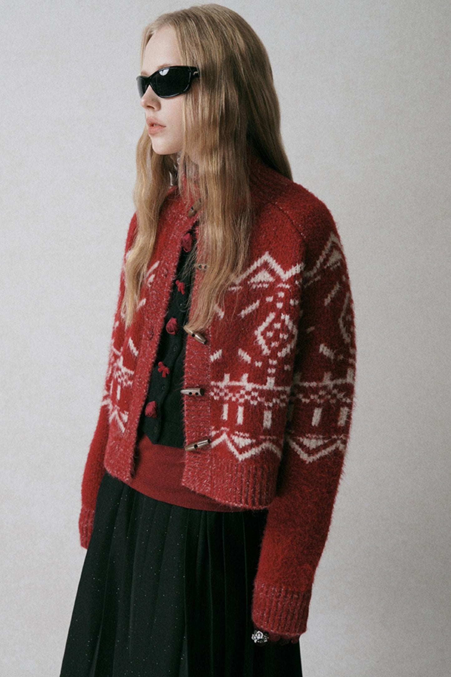 Red Turtleneck Jacquard Cardigan