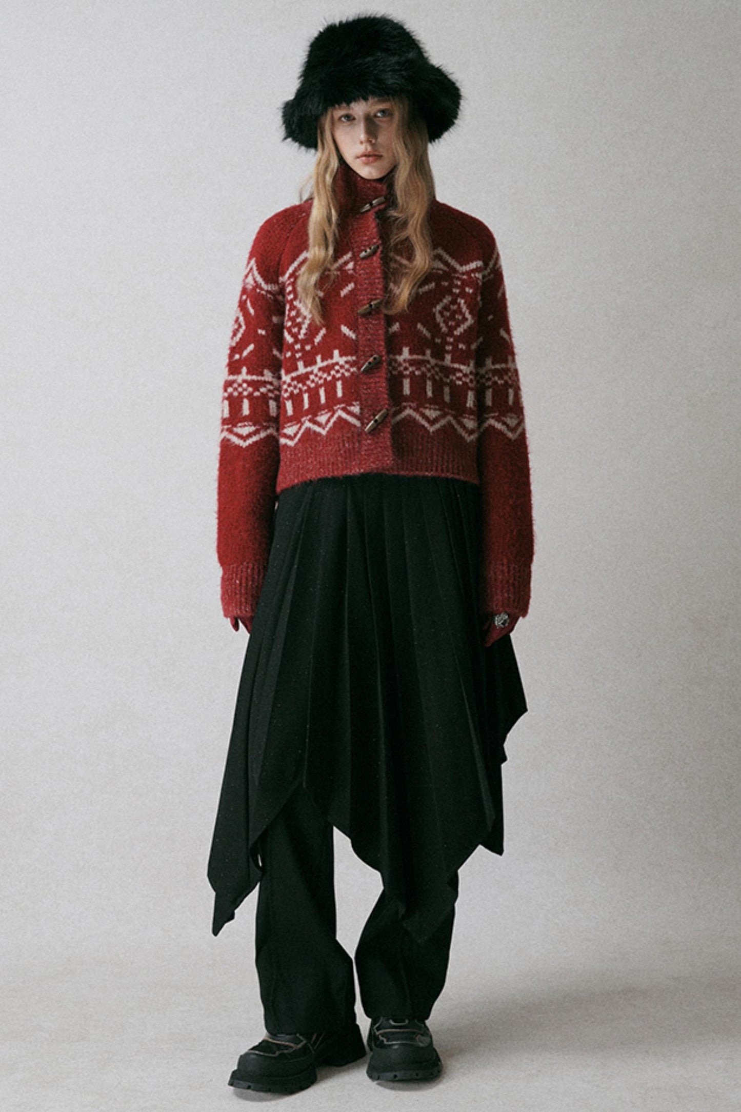 Red Turtleneck Jacquard Cardigan