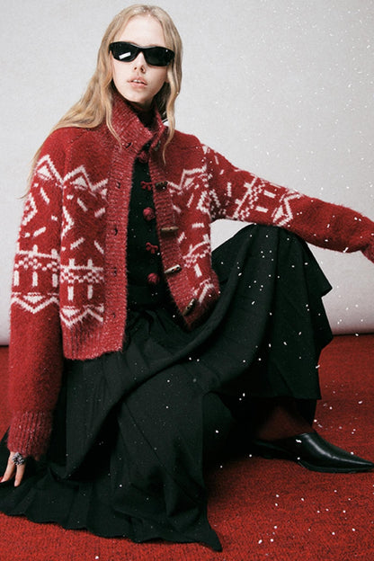 Red Turtleneck Jacquard Cardigan