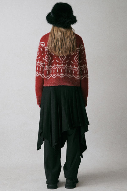 Red Turtleneck Jacquard Cardigan