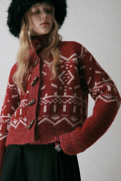 Red Turtleneck Jacquard Cardigan