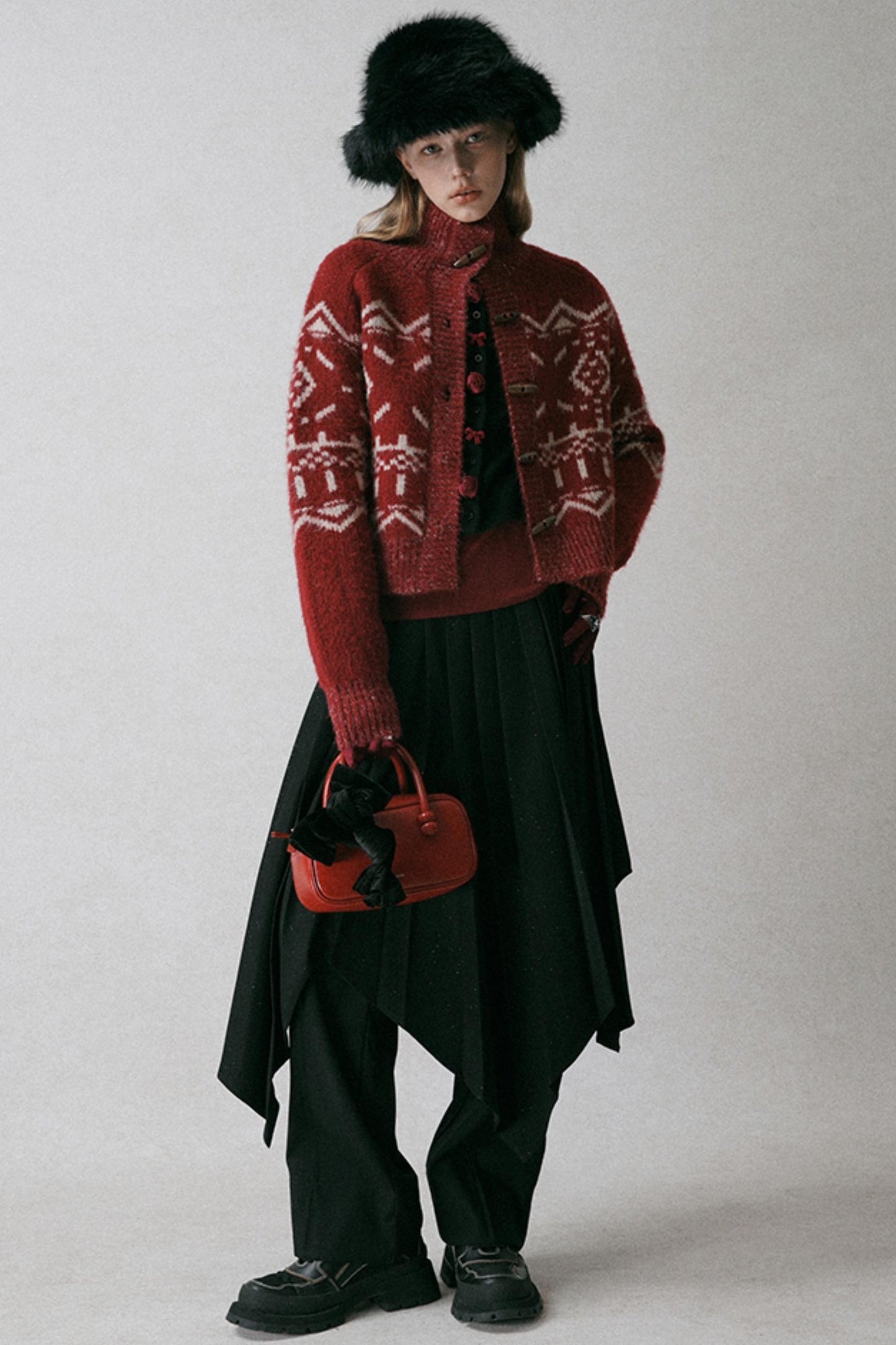 Red Turtleneck Jacquard Cardigan