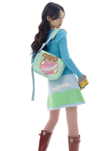 Mint Bear Embroidered Crossbody Bag