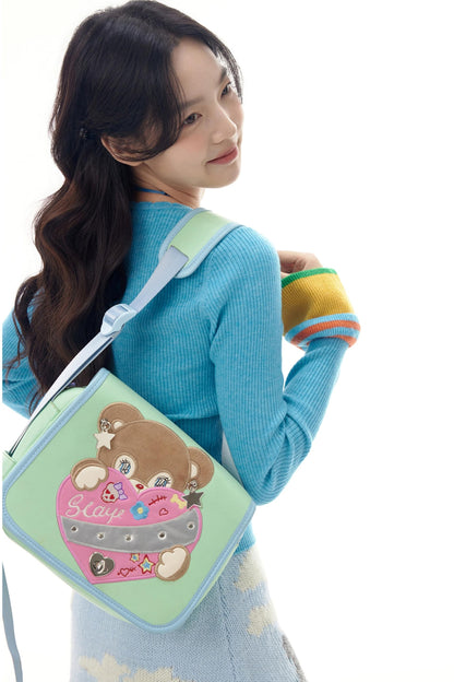 Mint Bear Embroidered Crossbody Bag