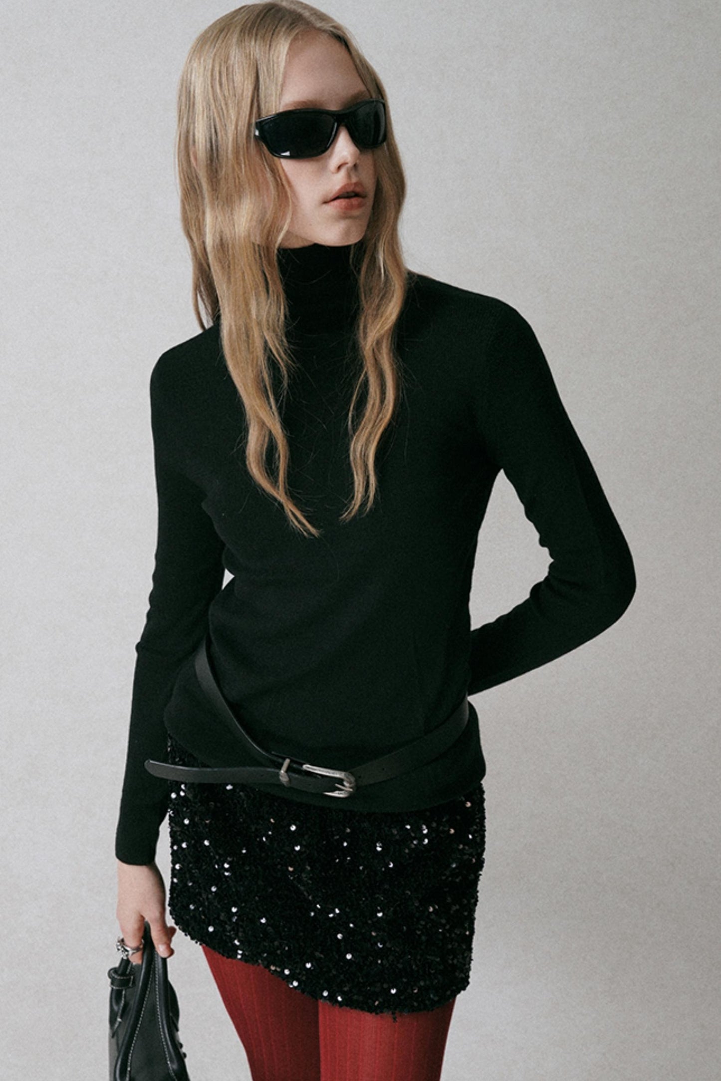 High-Neck Slim Wool Sweater Top