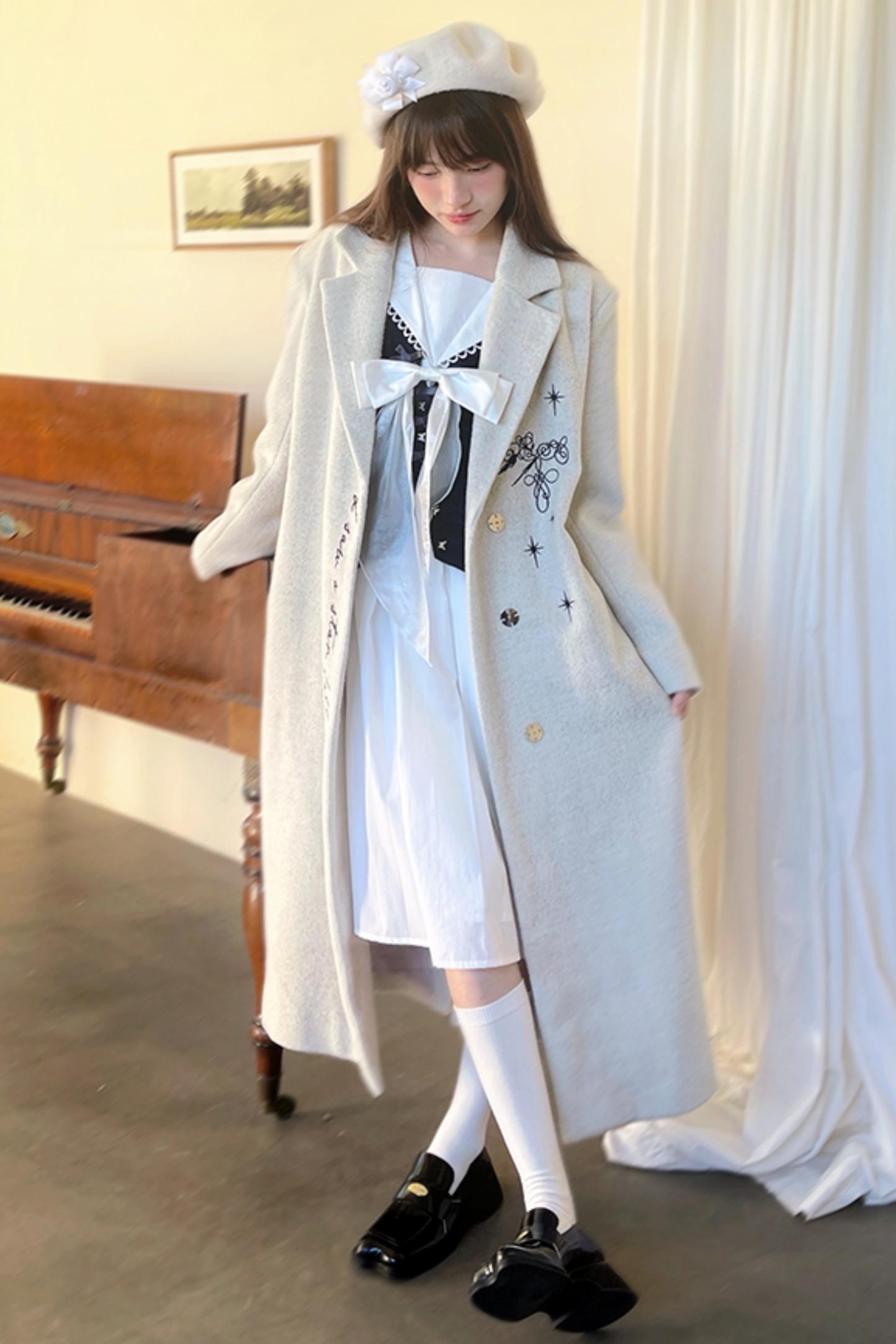 Star Embroidered Tweed Long Coat