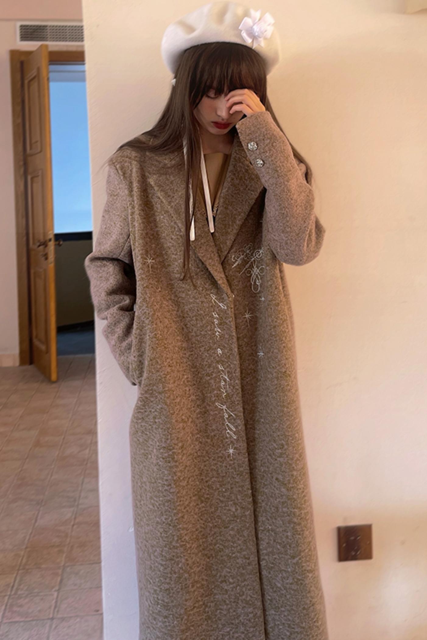 Star Embroidered Tweed Long Coat