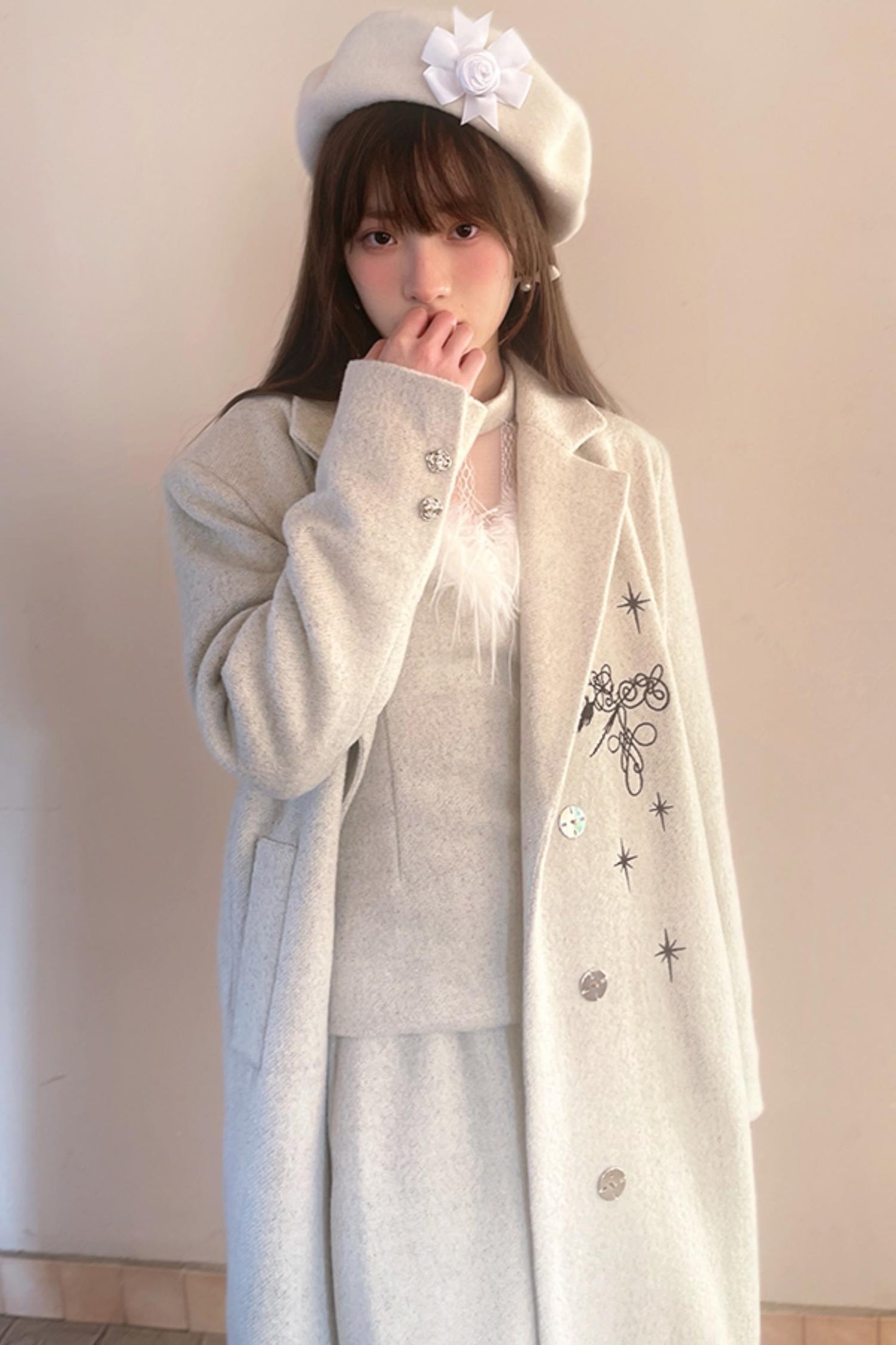 Star Embroidered Tweed Long Coat