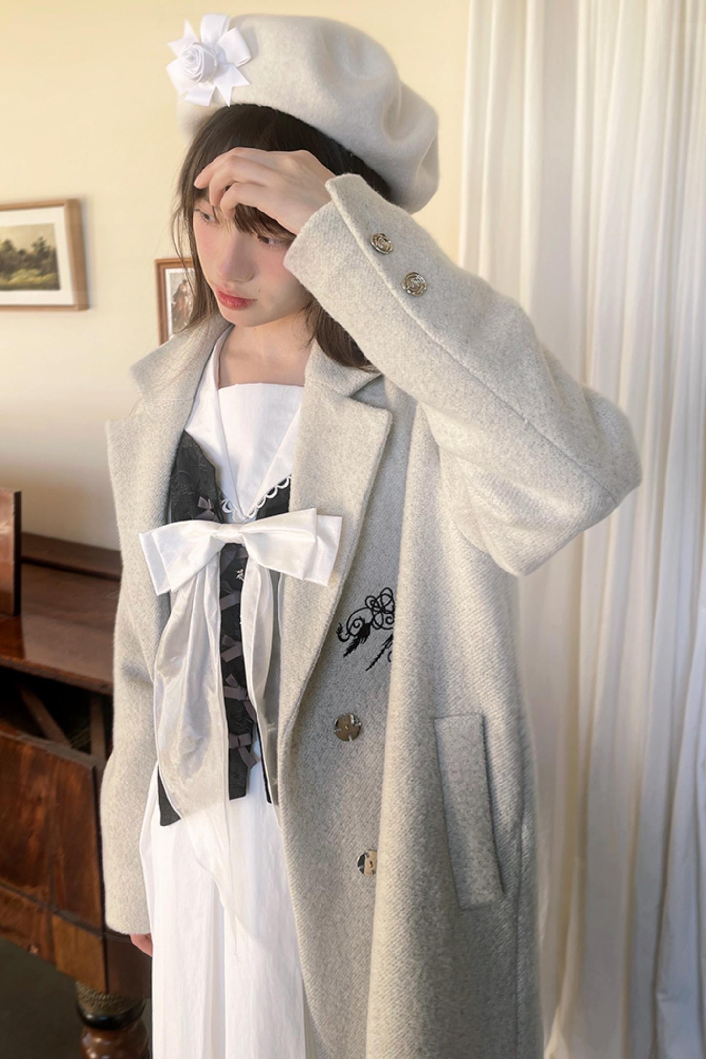 Star Embroidered Tweed Long Coat