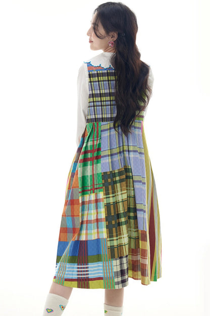 Check Pattern Pleated Vest Dress