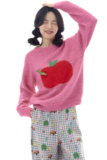 Pink Apple Bug Brooch Sweater Top