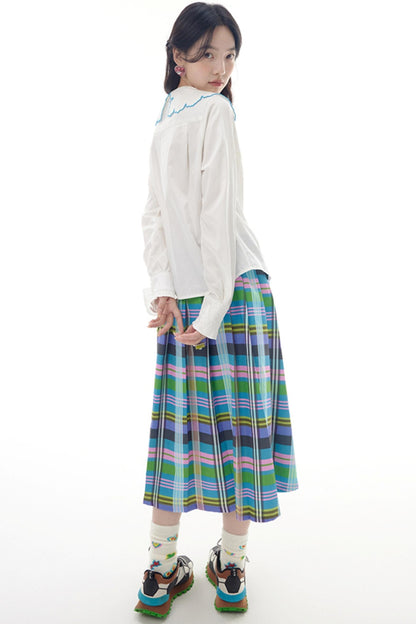 Slim Check Pleated Long Skirt