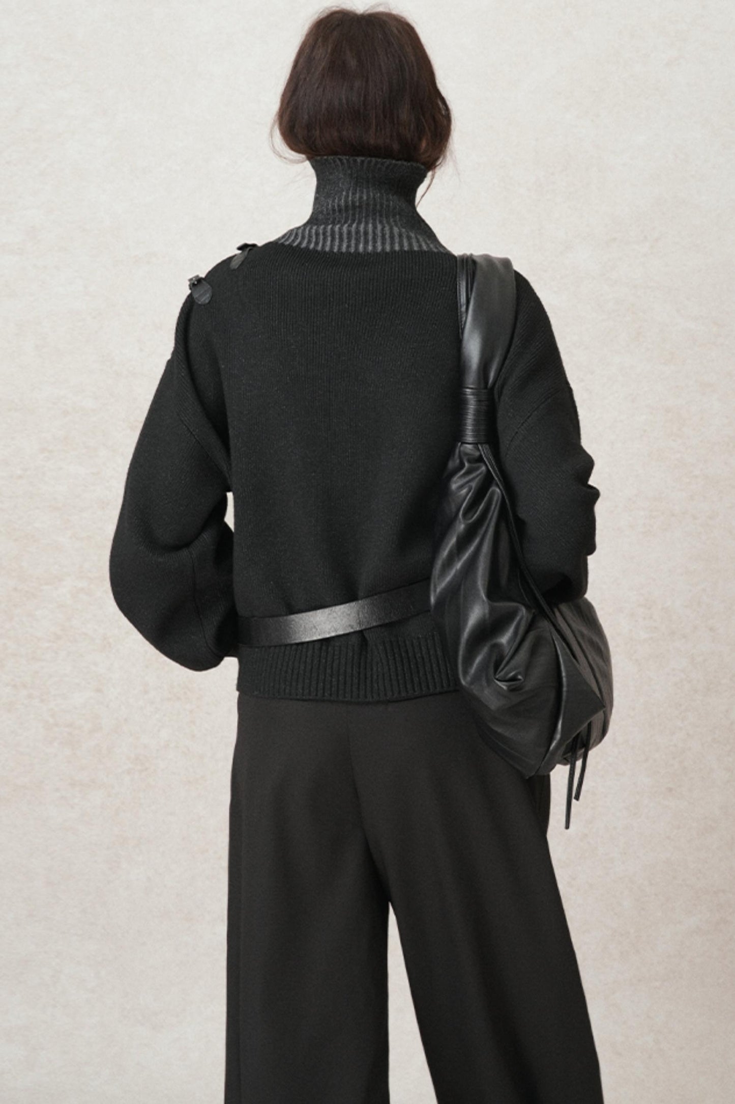 High-Neck Leather Loop Knit Sweater