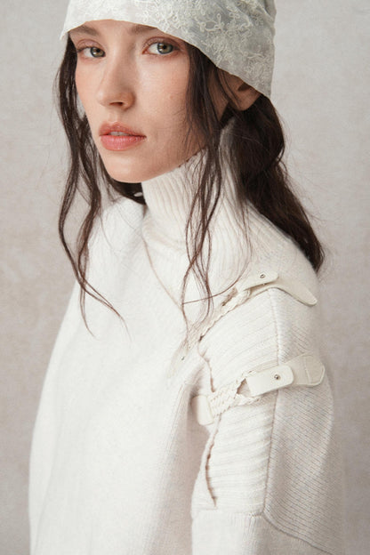 High-Neck Leather Loop Knit Sweater