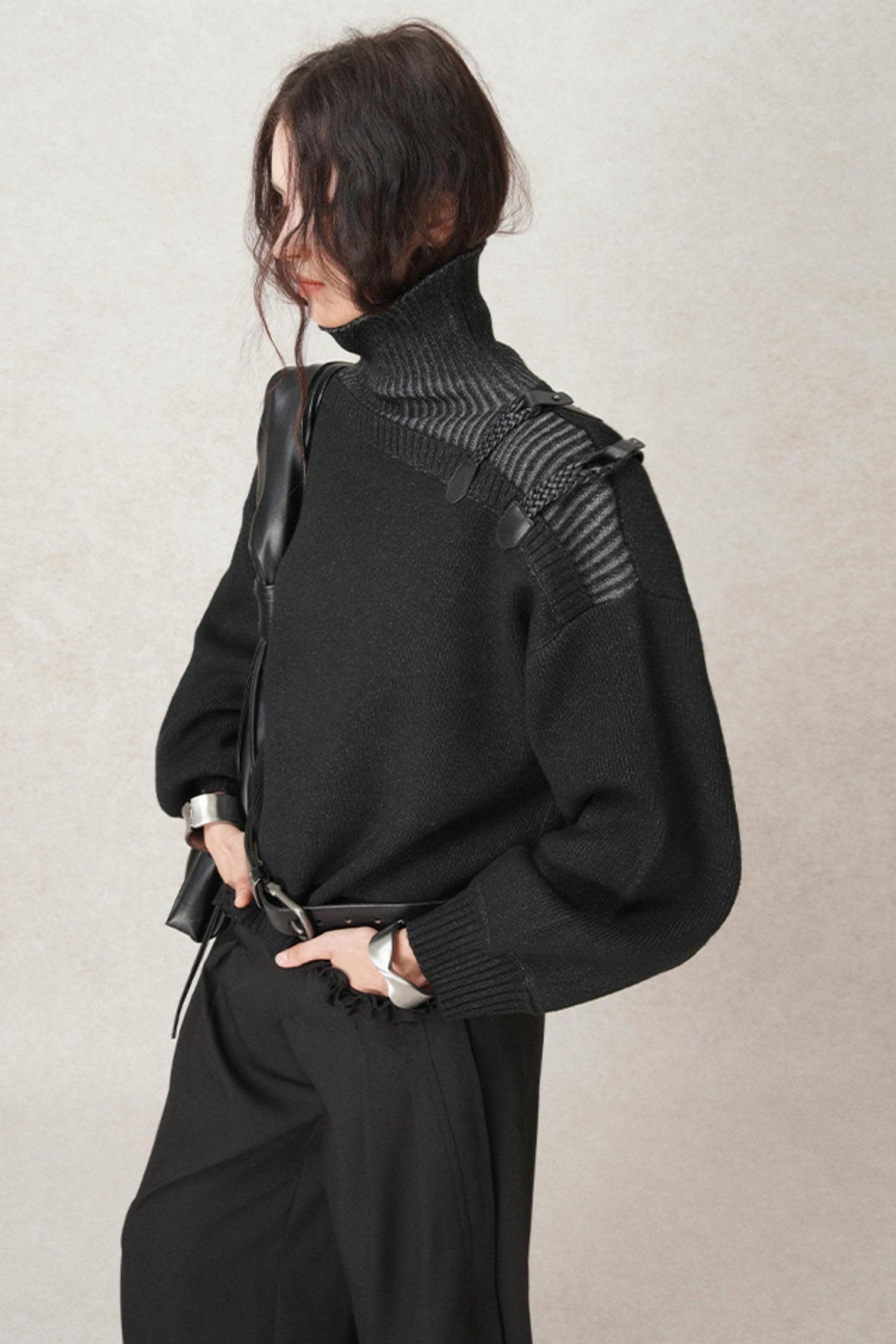 High-Neck Leather Loop Knit Sweater