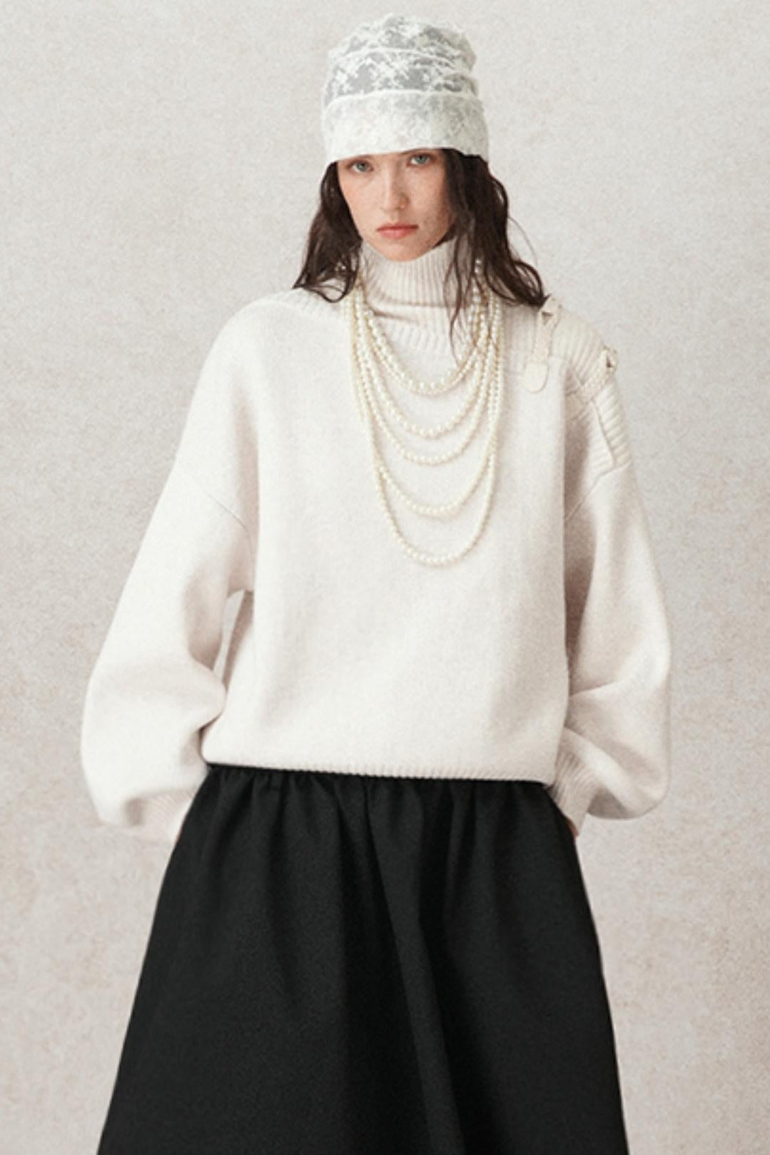 High-Neck Leather Loop Knit Sweater