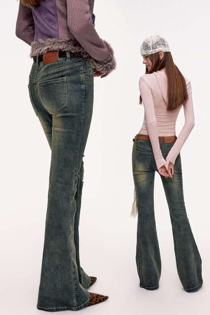 Vintage Pleated Denim Flared Pants