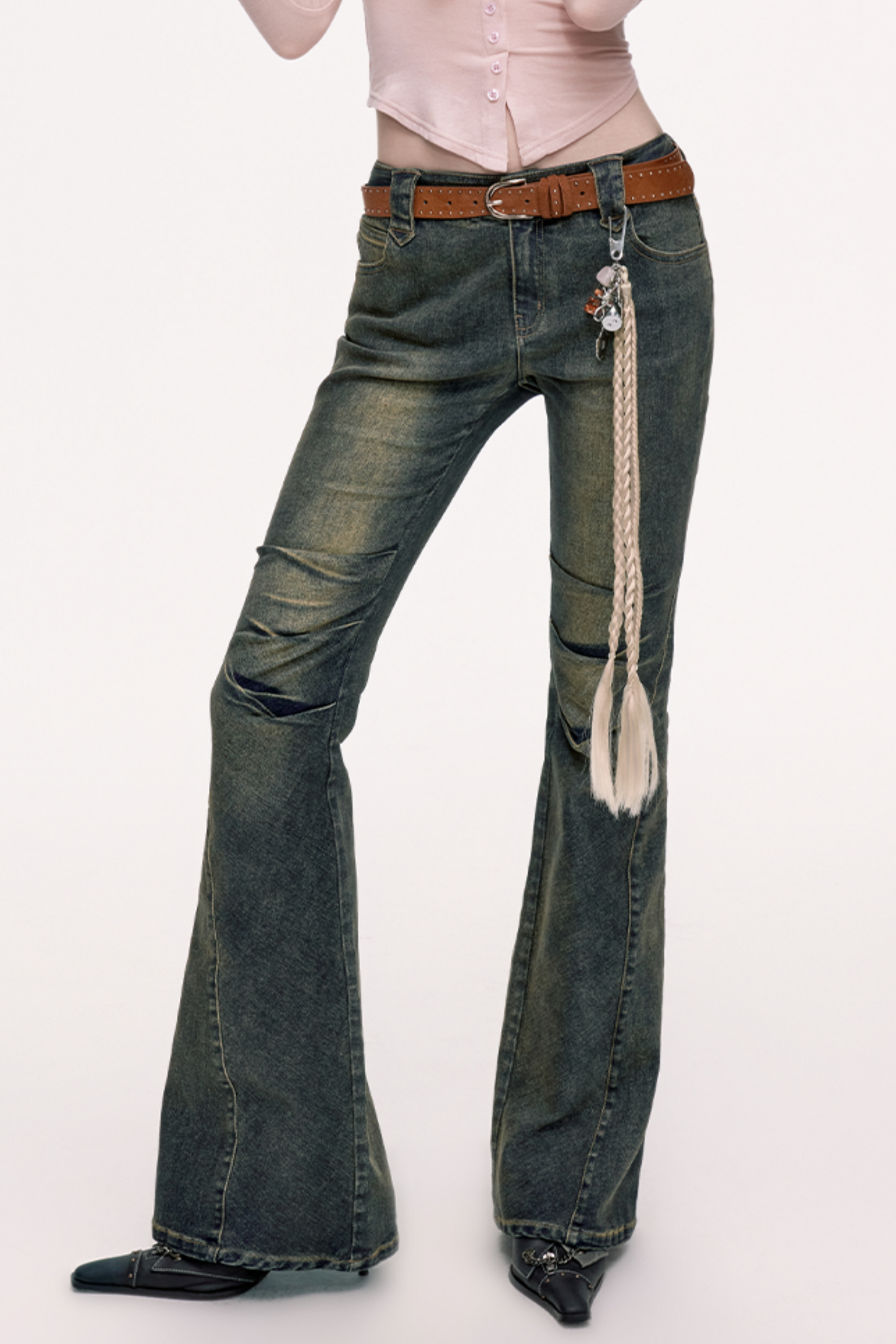 Vintage Pleated Denim Flared Pants