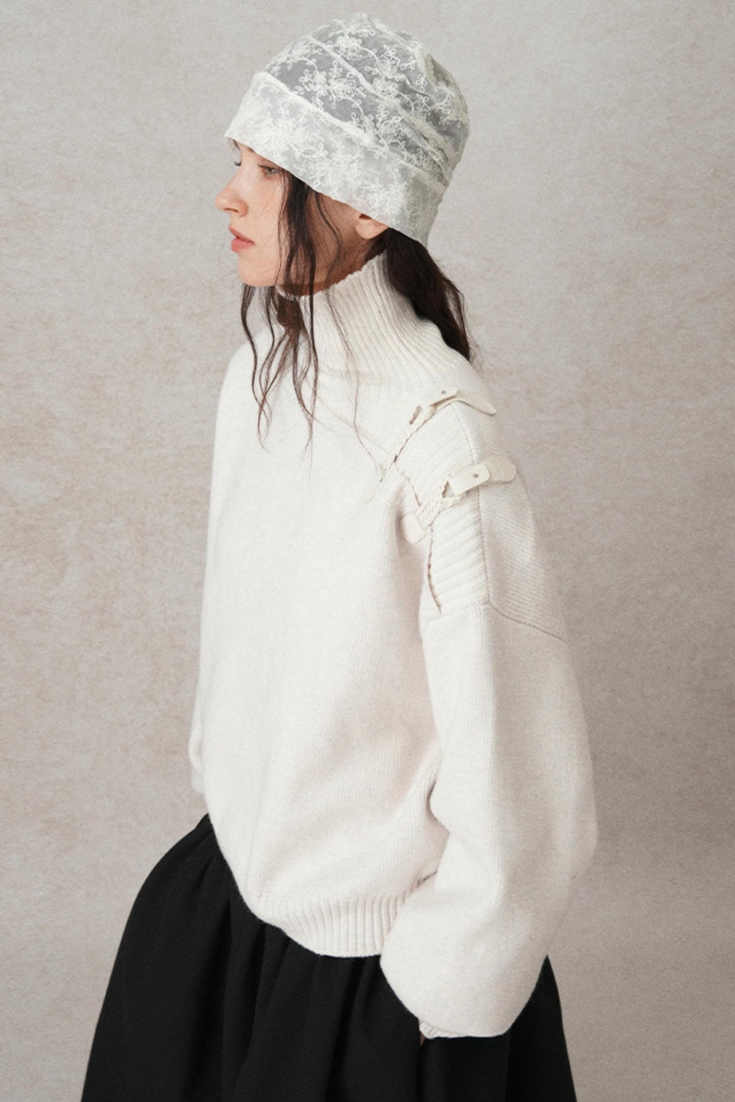 High-Neck Leather Loop Knit Sweater