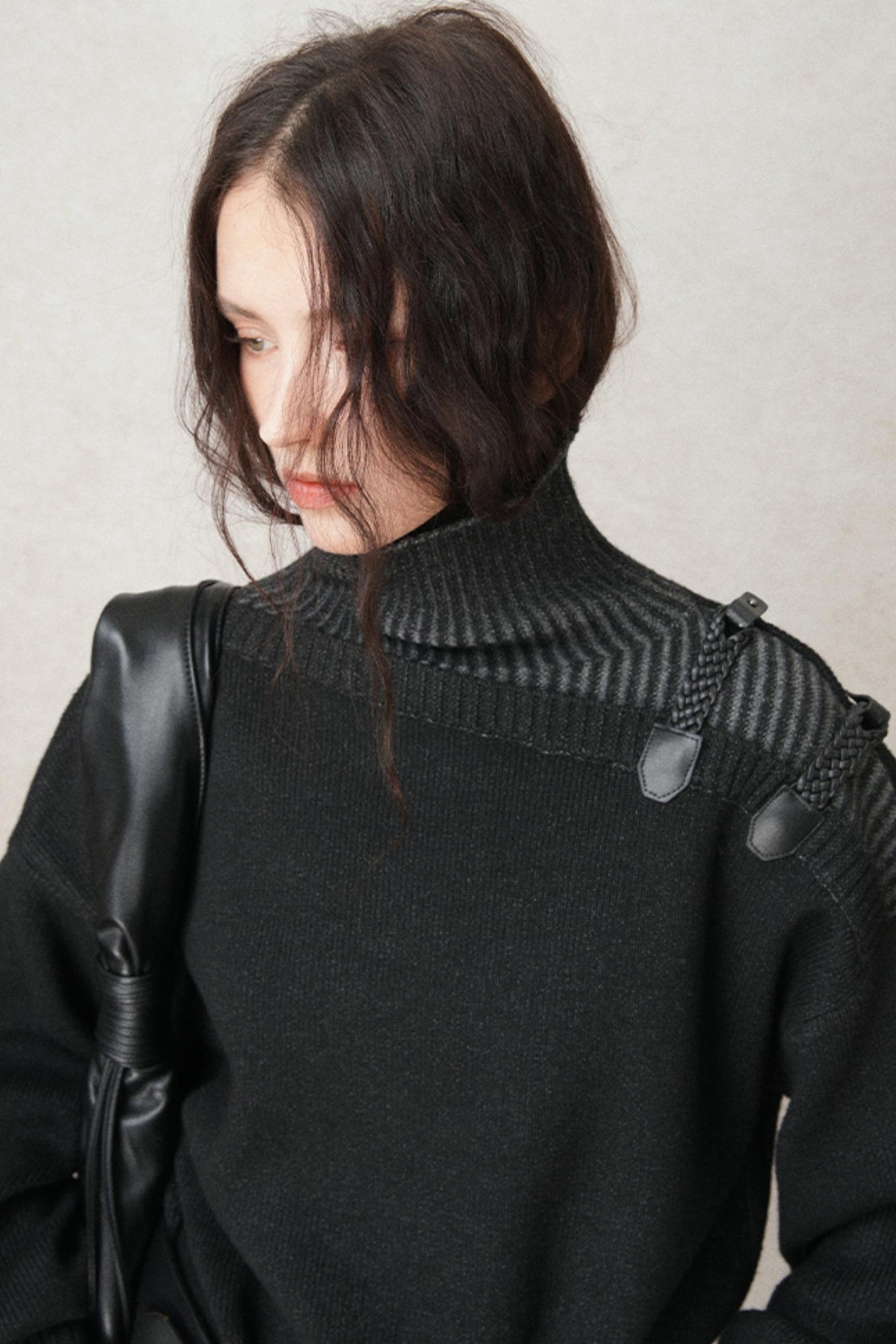 High-Neck Leather Loop Knit Sweater