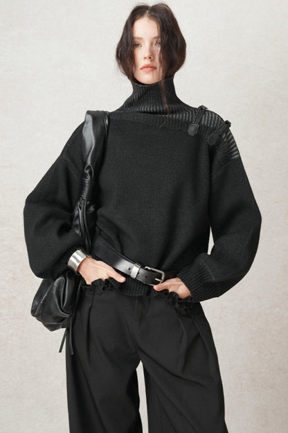 High-Neck Leather Loop Knit Sweater