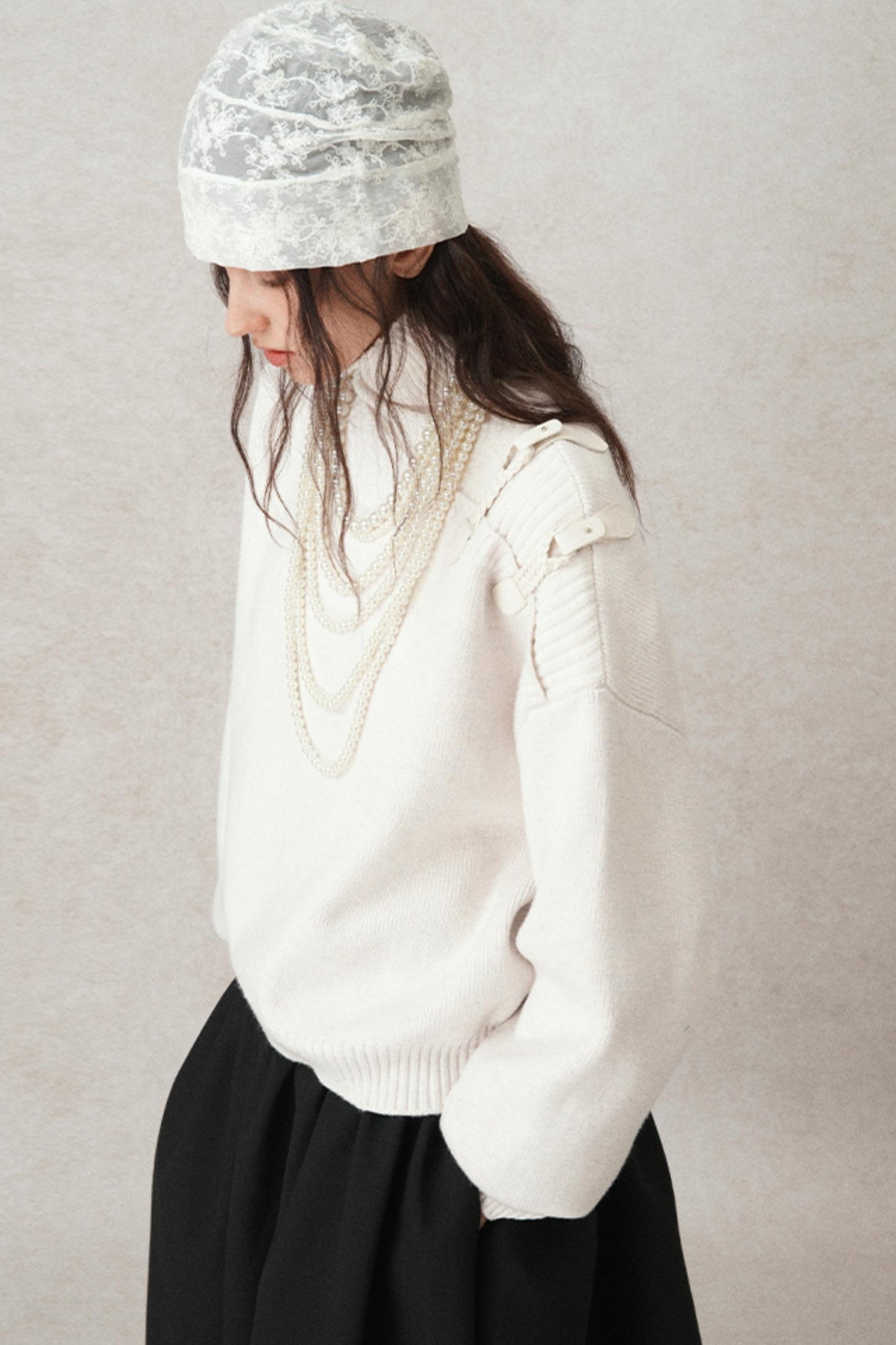 High-Neck Leather Loop Knit Sweater