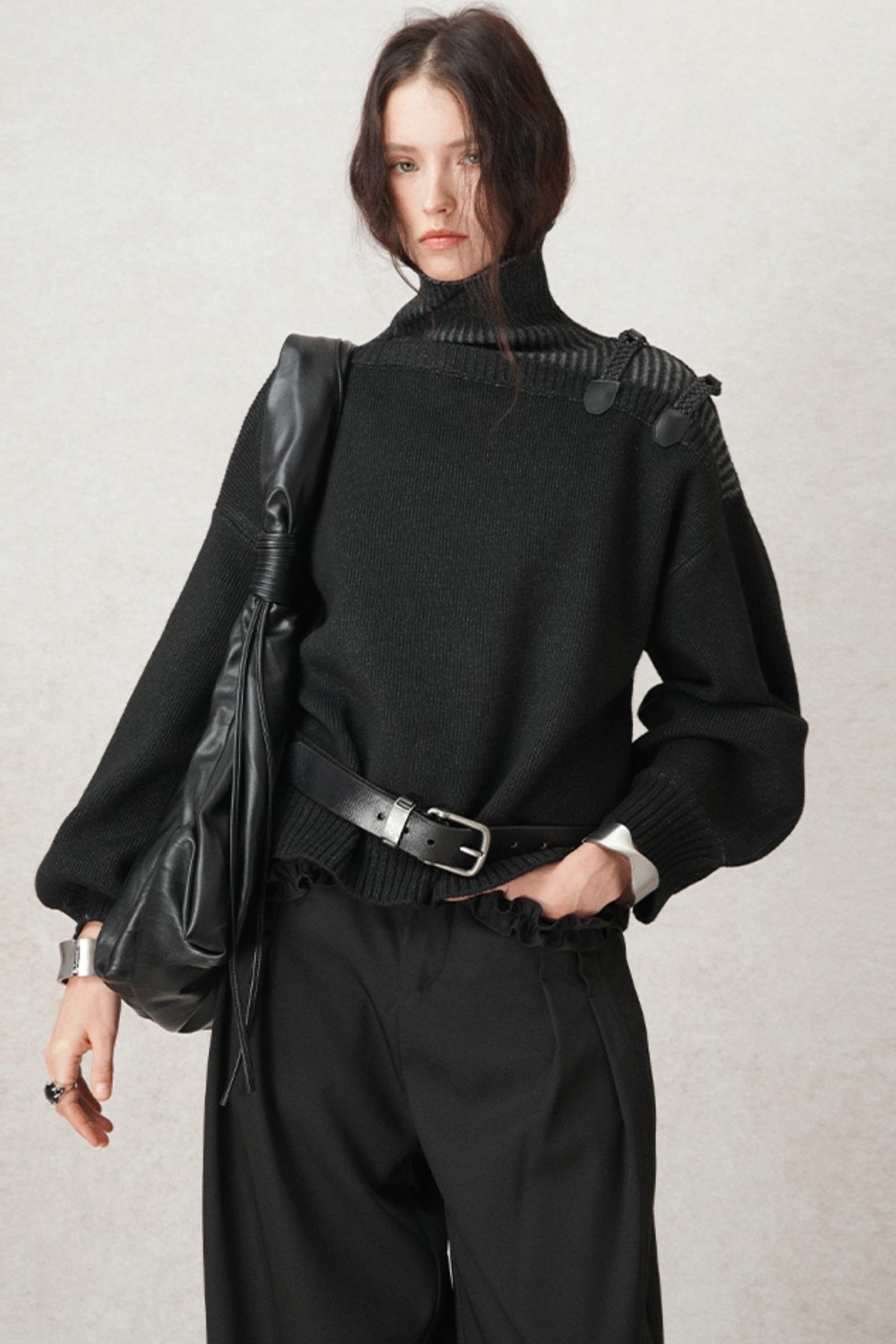 High-Neck Leather Loop Knit Sweater