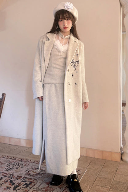 Star Embroidered Tweed Long Coat