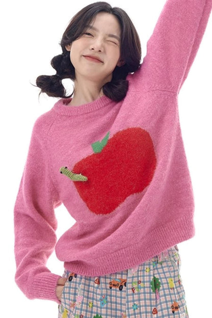 Pink Apple Bug Brooch Sweater Top