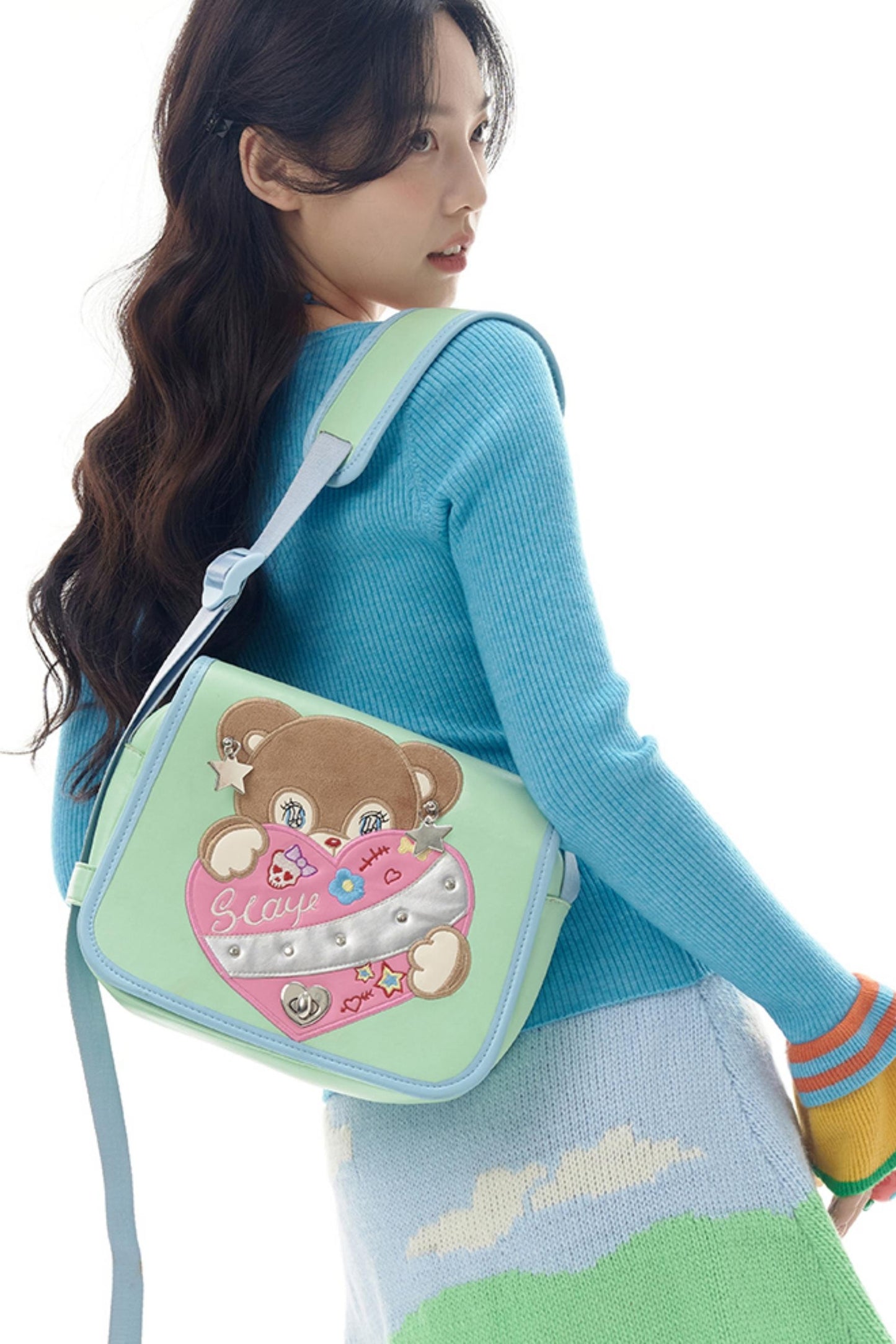 Mint Bear Embroidered Crossbody Bag