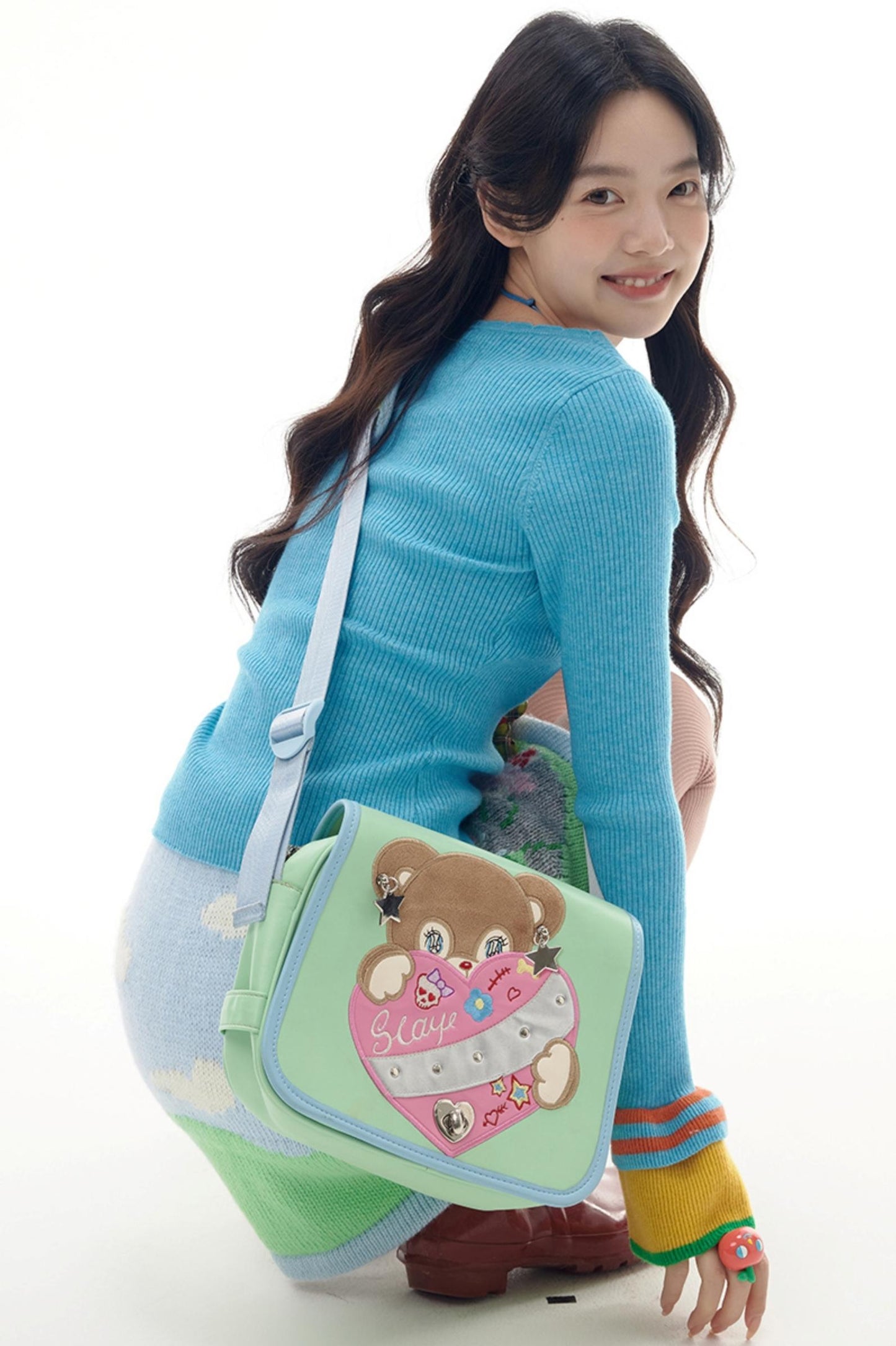 Mint Bear Embroidered Crossbody Bag