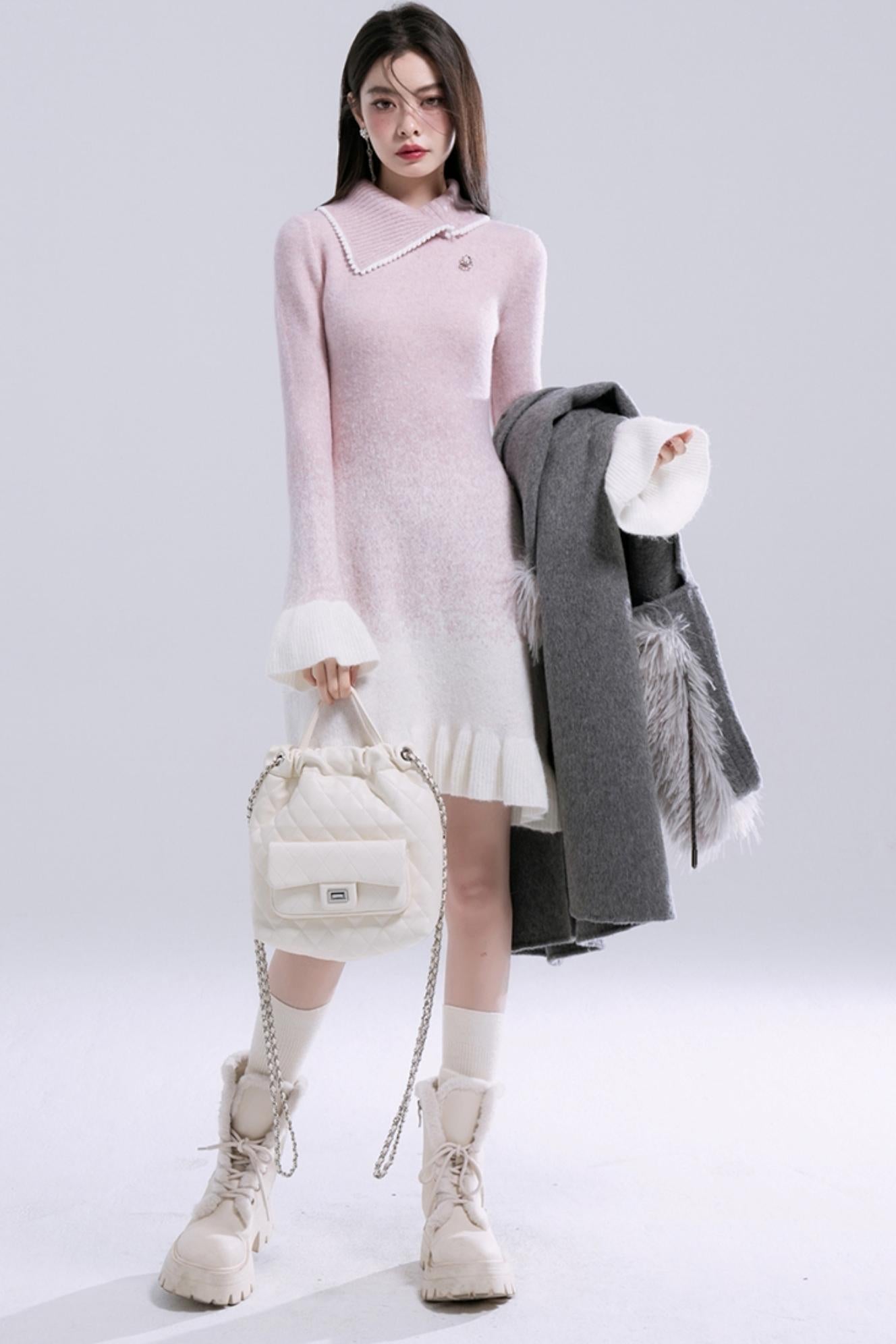 Peach Pink Gradient Wool Dress Set-Up