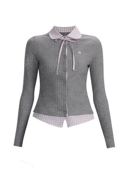 Pink-Gray Check Knit Top Set-Up